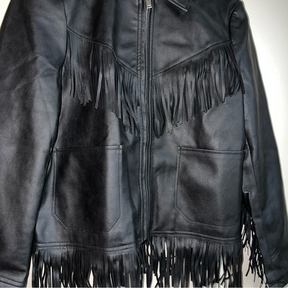 NWT TOPSHOP faux leather black fringe jacket size 8 (medium) - Picture 2 of 6